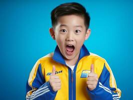 jung asiatisch Kind gekleidet im Sportbekleidung deutlich aktiv und voll von Energie ai generativ foto