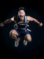jung asiatisch Mann gekleidet im Sportbekleidung deutlich aktiv und voll von Energie ai generativ foto