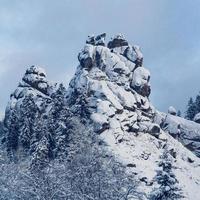 Felsen und Bäume mit Schnee bedeckt. Bäume sind gefroren. für Hintergrund foto