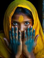 jung Frau mit indisch Eigenschaften Wer erscheint zu Sein schockiert ai generativ foto
