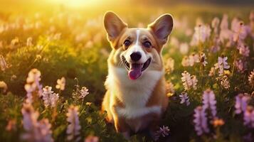 charmant Corgi Hund mit Blumen im das Frühling. generativ ai foto