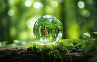 Schmetterling und Kristall Ball auf ein Baum Stumpf im das Wald, natürlich Grün Hintergrund. generativ ai foto