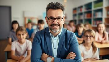 ein jung männlich Lehrer mit ein hell Lächeln steht beim das Vorderseite von seine Klassenzimmer, umgeben durch glücklich Studenten Wer sind eifrig zu lernen. generativ ai foto