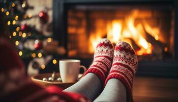 auf ein kalt Winter Nacht, es gibt nichts ziemlich wie entspannend wie Erwärmen Ihre Füße durch das Kamin im gemütlich Socken, umgeben durch das festlich Atmosphäre von das Weihnachten Jahreszeit. generativ ai foto