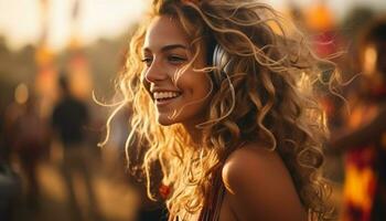 ein Dame lacht mit Freude und Glück wie sie entspannt sich auf das Strand beim ein Sommer- Party, umgeben durch freunde und Familie, mit das Meer Brise im ihr Haar und das Sonne auf ihr Gesicht. generativ ai foto