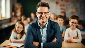 ein jung männlich Lehrer mit ein hell Lächeln steht beim das Vorderseite von seine Klassenzimmer, umgeben durch glücklich Studenten Wer sind eifrig zu lernen. generativ ai foto