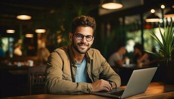 ein jung Fachmann Geschäftsmann sitzt beim seine Schreibtisch, mit seine Laptop Computer zu Zugriff das Internet und Arbeit auf Geschäft Projekte. generativ ai foto