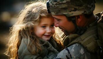 das zärtlich Wiedervereinigung von ein Militär- Vater mit seine jung Tochter gefüllt ihr Familie mit Freude wie Sie kam zusammen, das Bindung zwischen Elternteil und Kind stärker als immer. generativ ai foto