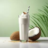 Kokosnuss Milch Shake Glas mit frisch geschnitten Kokosnuss. generativ ai foto