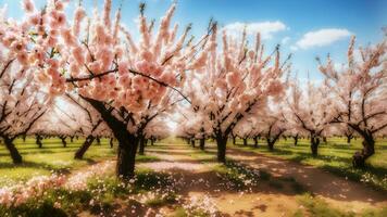 ein atemberaubend Panorama verewigen das zeitlos Eleganz und beschwingt Pracht von ein Kirsche Obstgarten im voll Blüte. ai generiert foto