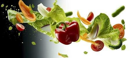 fallen Gemüse, Salat von Glocke Pfeffer, Tomate, und Grüner Salat Blätter. generativ ai foto