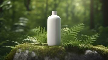 natürlich kosmetisch Produkt Präsentation hinter den Kulissen. draußen Wald Platzierung. Weiß leer Krug Shampoo Flasche. 3d. ai generativ foto