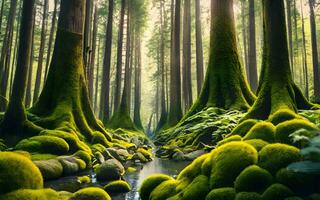 Erfassen zeitlos Verzauberung, ein andächtig Blick in das uralt Schönheit von ein moosbedeckt Wald. ai generiert foto