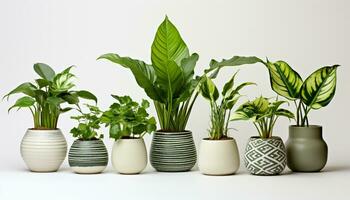Grün Zimmerpflanzen im Töpfe hinzufügen ein berühren von Natur zu das heim, Bereitstellung frisch Luft und ein Sinn von Wachstum und Wohlbefinden. generativ ai. foto