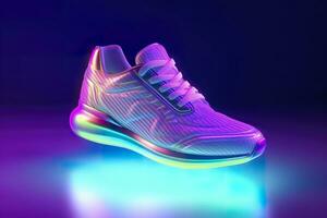 futuristisch Mode Original Turnschuhe. Zukunft Design von stilvoll Sport Schuhe mit Neon- glühen, futuristisch städtisch Ästhetik. Sportbekleidung, Stil und Mode, Morgen Schuhwerk. ai generativ foto