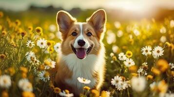 charmant Corgi Hund mit Blumen im das Frühling. generativ ai foto