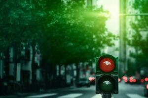 lebendig Stadt Grün der Verkehr Licht Straße. generieren ai foto