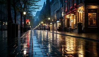 Bürgersteig beim Nacht nach Regen mit nass Straßen ai generativ foto