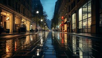 Bürgersteig beim Nacht nach Regen mit nass Straßen ai generativ foto