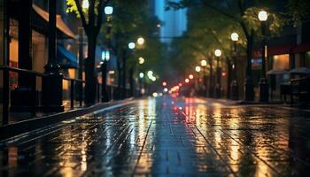 Bürgersteig beim Nacht nach Regen mit nass Straßen ai generativ foto