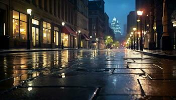 Bürgersteig beim Nacht nach Regen mit nass Straßen ai generativ foto