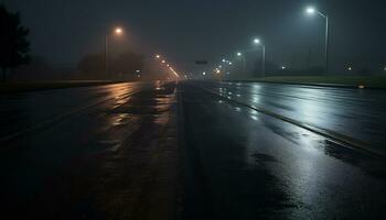 leeren Autobahn beim Nacht nach Regen ai generativ foto