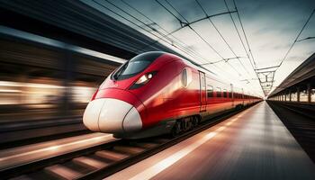 hoch Geschwindigkeit Züge Rennen entlang das Spuren ai generativ foto