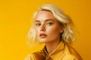 schön blond Modell- isoliert auf Gelb Hintergrund ai generativ foto