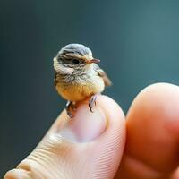 mikrokosmisch Harmonie generativ ai erfasst zart Vogel thront auf Finger foto