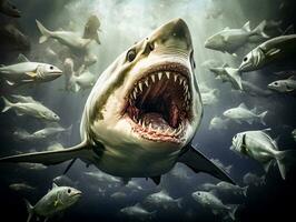 dynamisch Begegnung Hai angreifen ein Schule von Fisch generativ ai foto