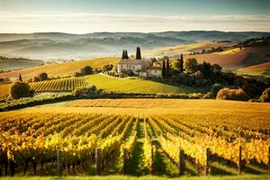 Französisch Italienisch Spanisch Weinberg Landschaft mit entfernt Gebäude Häuser Kirche. kommerziell appellieren. reichlich Text Raum. ai generativ foto