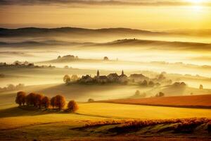 herbstlich Französisch Italienisch Spanisch Land Landschaft mit Hügel Bäume entfernt Dorf. kommerziell appellieren. reichlich Text Raum. ai generativ foto