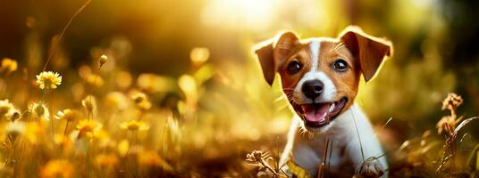 kommerziell Herbst Hund Banner, 32 9 Verhältnis, fotografisch. natürlich verschwommen Kulissen. geeignet zum Text überlagern. ai generativ foto