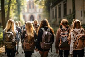 ein Gruppe von glücklich jung Studenten, einschließlich ein Mädchen, und Junge mit ein Rucksack, gehen zu Schule zusammen, chatten und Lachen wie Sie genießen ihr Freundschaft und das Aufregung von Lernen. generativ ai foto