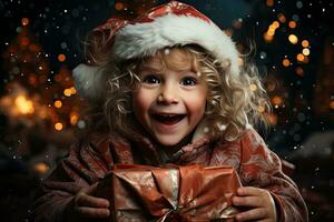 lockiges Haar glücklich wenig Mädchen mit Weihnachten Geschenk auf Bokeh Hintergrund. generativ ai foto