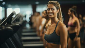 jung Frauen Zug beim das Fitnessstudio, ausüben mit Fitness Ausrüstung zu verbessern ihr Fitness und Gesundheit, bleiben aktiv und gesund ist ein wichtig Teil von ein abgerundet Lebensstil. generativ ai foto