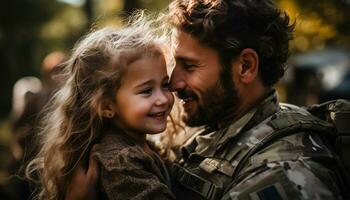 das zärtlich Wiedervereinigung von ein Militär- Vater mit seine jung Tochter gefüllt ihr Familie mit Freude wie Sie kam zusammen, das Bindung zwischen Elternteil und Kind stärker als immer. generativ ai foto