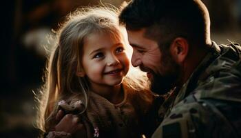 das zärtlich Wiedervereinigung von ein Militär- Vater mit seine jung Tochter gefüllt ihr Familie mit Freude wie Sie kam zusammen, das Bindung zwischen Elternteil und Kind stärker als immer. generativ ai foto