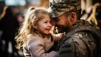das zärtlich Wiedervereinigung von ein Militär- Vater mit seine jung Tochter gefüllt ihr Familie mit Freude wie Sie kam zusammen, das Bindung zwischen Elternteil und Kind stärker als immer. generativ ai foto