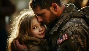 das zärtlich Wiedervereinigung von ein Militär- Vater mit seine jung Tochter gefüllt ihr Familie mit Freude wie Sie kam zusammen, das Bindung zwischen Elternteil und Kind stärker als immer. generativ ai foto