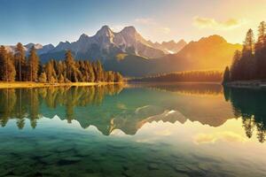 beeindruckend Sommer- Sonnenaufgang auf eibsee See mit zugspitze Berg Bereich. ai generiert foto