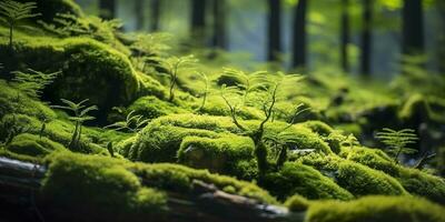 Grün Moos Nahaufnahme, mit ein Hintergrund von Wald. Wald im das National Park. ai generiert foto
