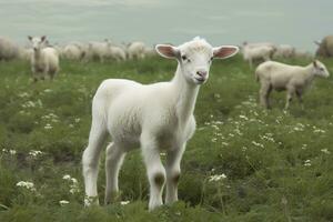 Weiß Lamm im ein Feld im Vorderseite von andere Tiere. generativ ai foto