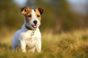 glücklich Jack Russell Terrier Haustier Hund warten, Hören im das Gras. ai generiert foto