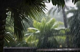 Regen im das Tropen während das niedrig Jahreszeit oder Monsun Jahreszeit. Regentropfen im ein Garten. generativ ai foto