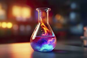 schließen oben von ein Wissenschaft Becherglas gefüllt mit multi farbig Flüssigkeiten. ai generativ foto