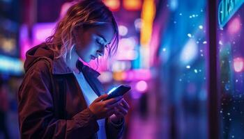 jung Frauen im das Stadt Licht oben das Nacht mit ihr Smartphones, verbinden mit freunde und Familie, bleiben informiert, und erkunden das Welt um ihnen. generativ ai. foto