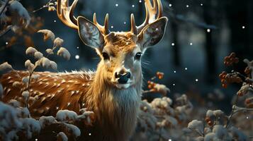 KI-generiert schön Wald Hirsch mit Geweih zum Neu Jahr und Weihnachten foto