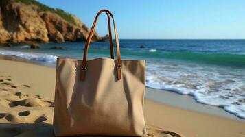 KI-generiert einfach umweltfreundlich Stoff Tasche auf das Hintergrund von das Strand auf das Meer foto