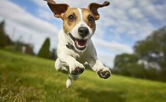 Jack russel Pfarrer Hund Lauf zu das Kamera niedrig Winkel hoch Geschwindigkeit Schuss. ai generiert foto